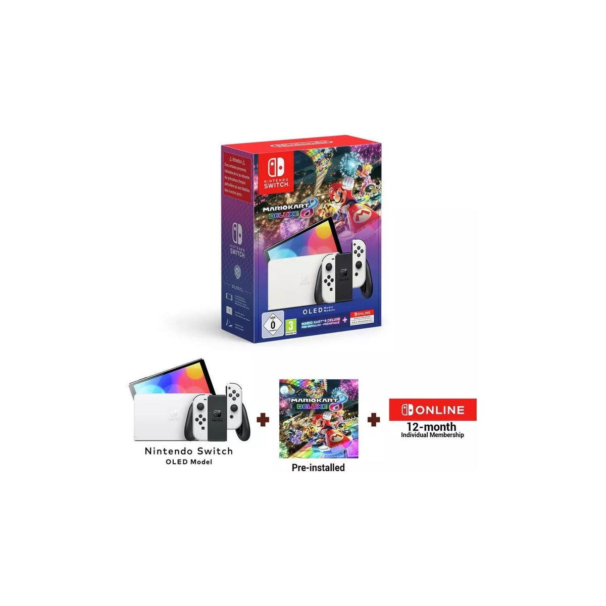 Nintendo Switch OLED (White) + Mario Kart 8 Deluxe + 12-Month Nintendo Switch Online Membership
