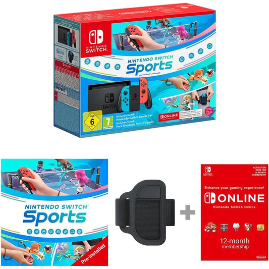 Nintendo Switch (Neon Red/Blue) – Includes Switch Sports Pre-Installed & 12-Month Switch Online Subscription