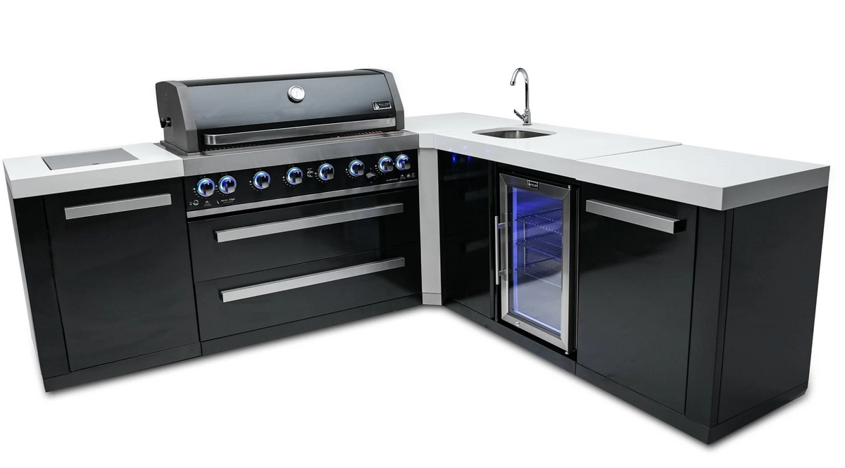 Mont Alpi 805 Black Stainless Steel Island with Beverage Center and 90 Degree Corner 6-Burner Grill 2 Infrared Burners Sink, Fridge
